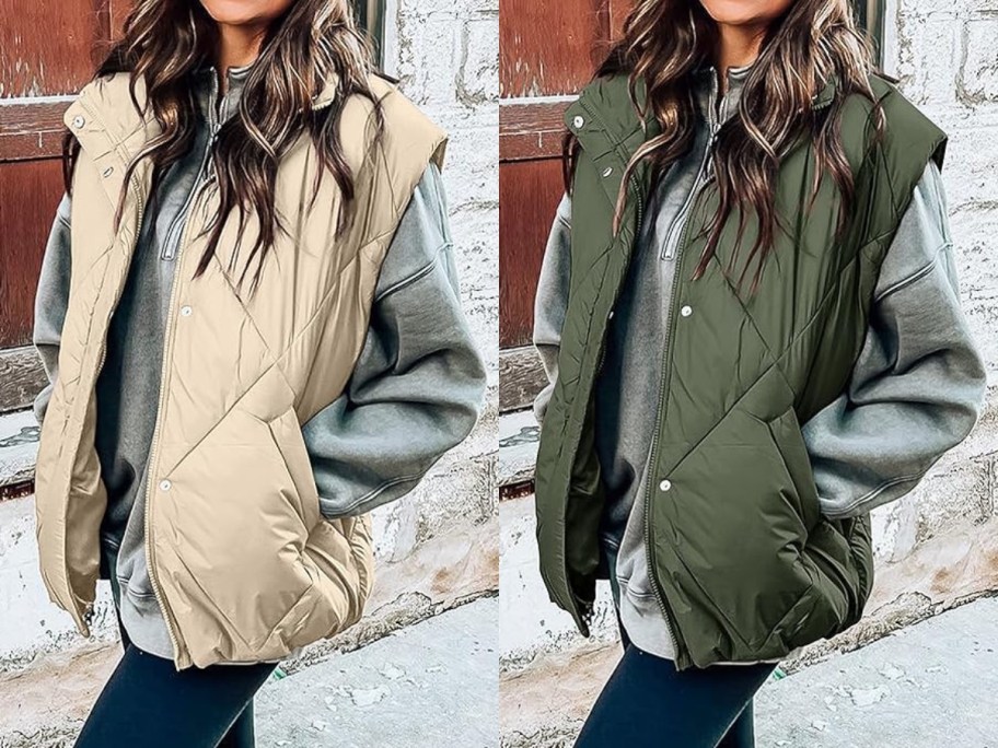 women wearing outfits with puffer vests, one in cream and one in olive green