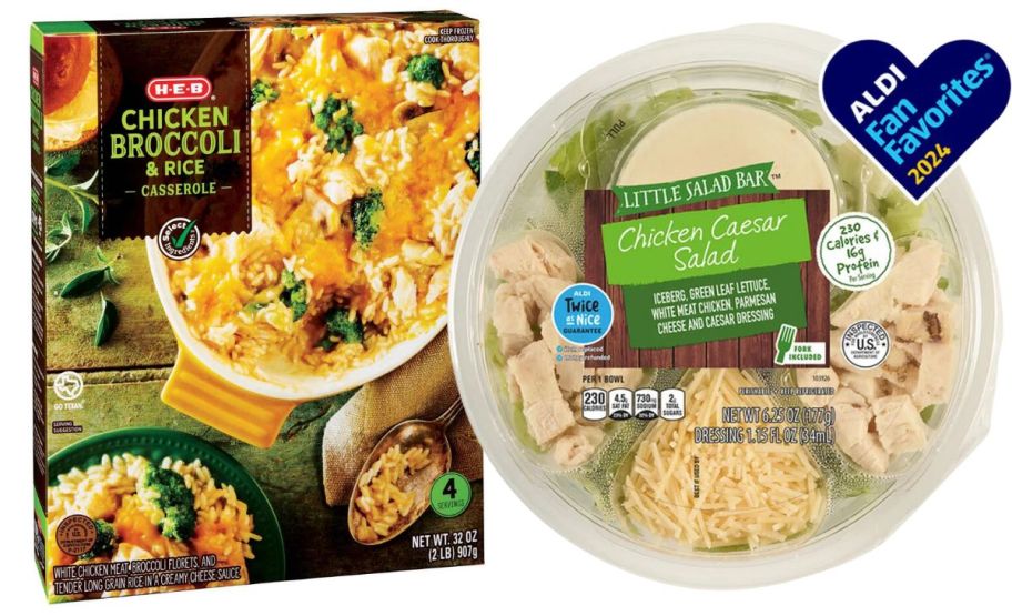 an HEB chicken broccoli and rice casserole and aldi chicken salad stock images