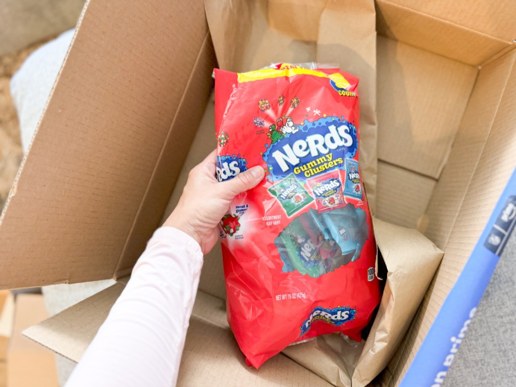 Holiday Nerds Gummy Clusters in Amazon box