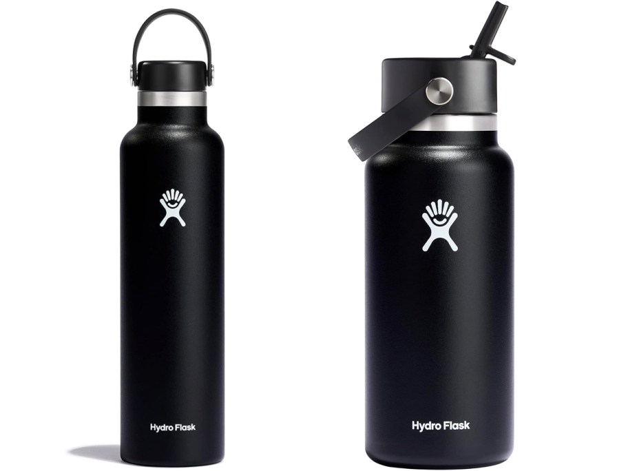 two black Hydro Flask bottles