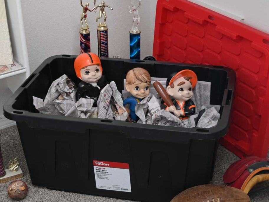 Hyper Tough 27-Gallon Storage Bin filled with fragile items