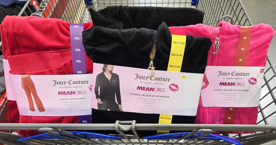 red, black, and pink juicy velour jackets in shopping cart