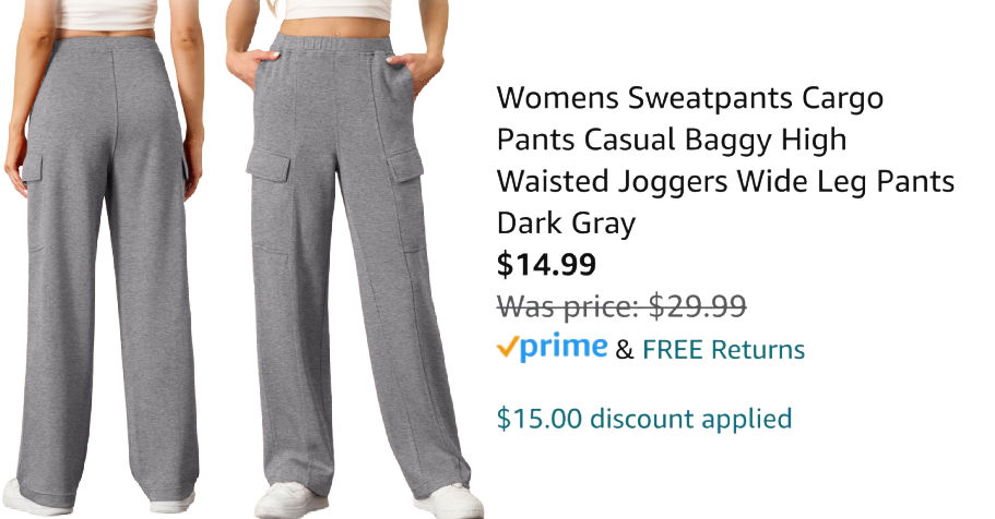 front and back view of gray sweatpants next to Amazon pricing information