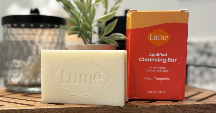 Lume Acidified Body Cleansing Bar and box on bathroom tray