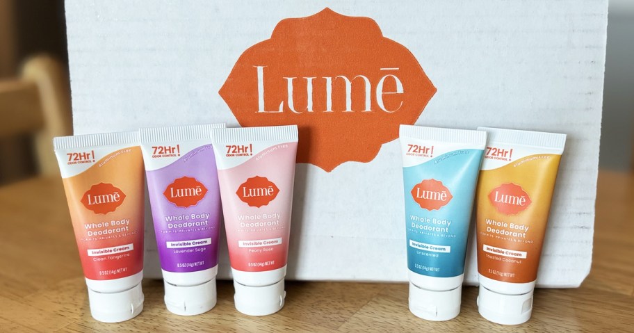 5 mini bottles of Lume Whole Body Deodorant in front of box