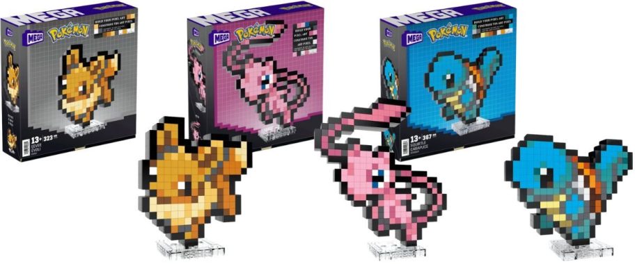 3 variations of the pokemon retro figure building toy stock image