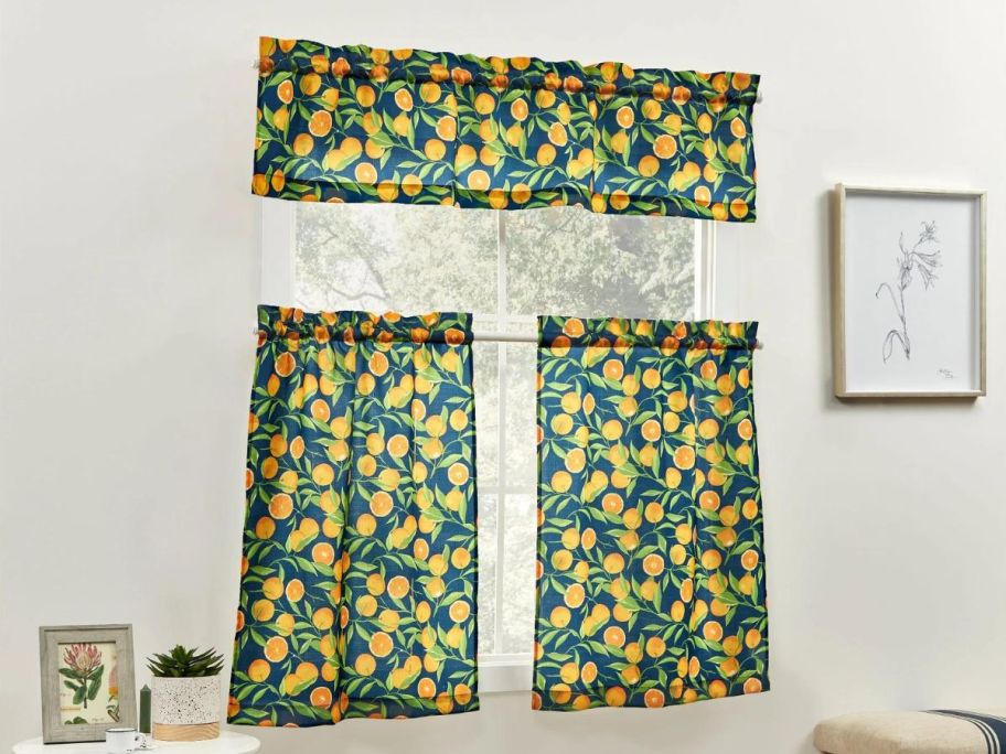 Mainstays Light Filtering Curtain Tier and Valance Set in Orange Vines 
