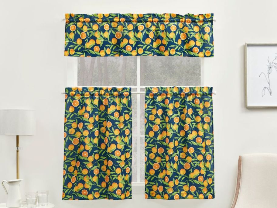 Mainstays Light Filtering Curtain Tier and Valance Set in Orange Vines