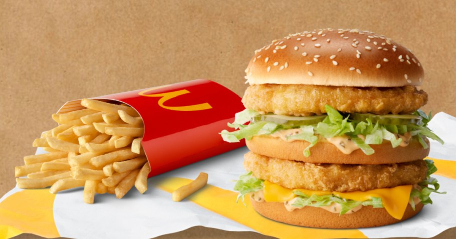 new mcdonalds chicken big mac sitting next to a box of mcdonalds fries