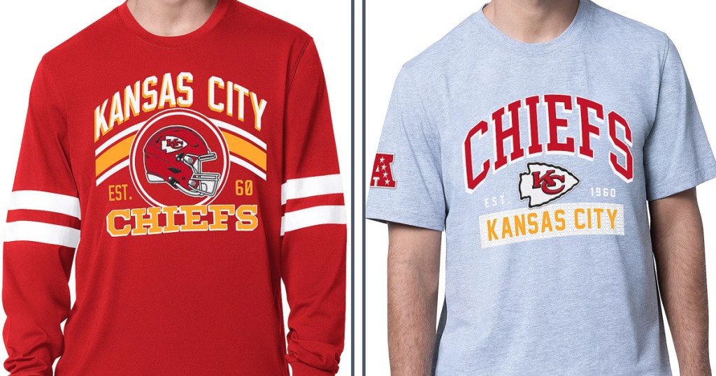 man wearing short and long sleeve t shirts featuring kansas city chiefs