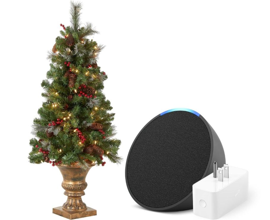 4ft pre-lit tree shown with amazon echo and smart plug bundle stock images