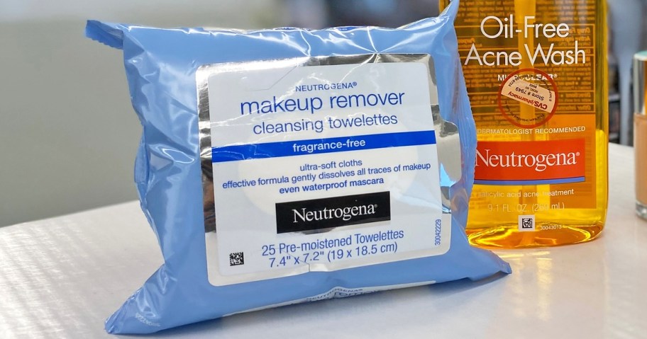 blue pack of Neutrogena Fragrance-Free Makeup Remover Wipes on counter