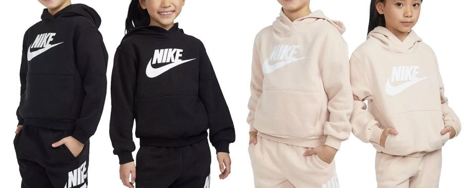 kids modeling black and tan nike hoodies