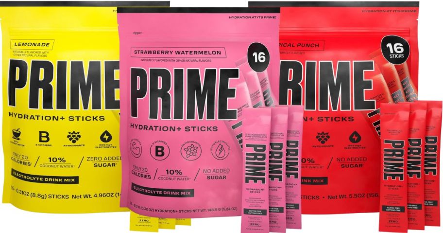 3 packages of Prime Hydration packets in lemonade, strawberry watermelon, and cherry