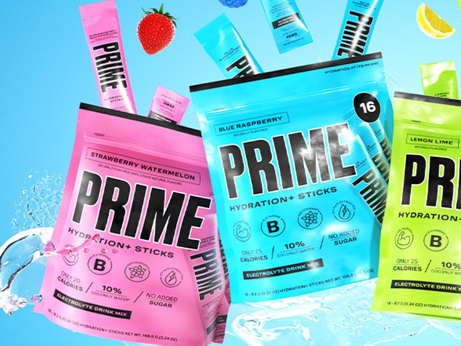 pink, blue, and green bags of Prime Hydration+ Sticks