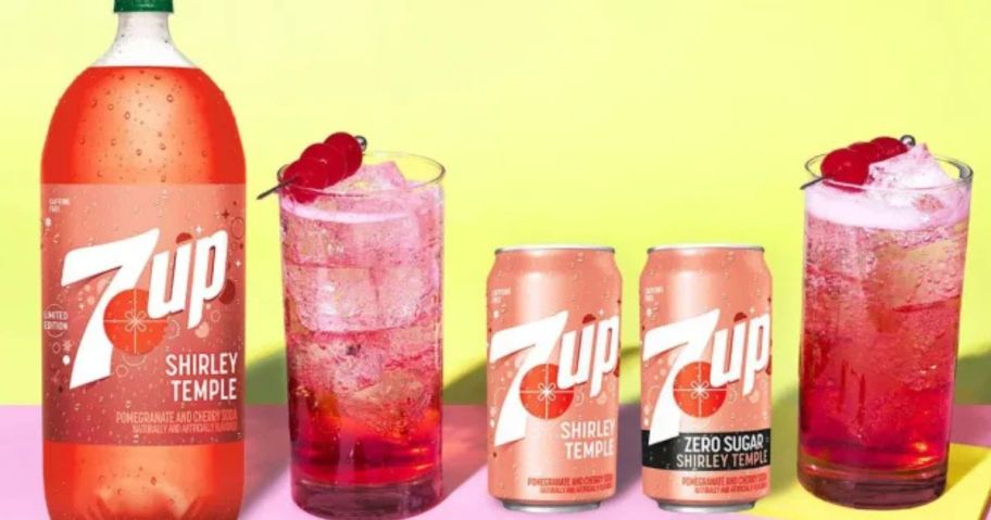 A 2 liter bottle and cans of 7-Up Shirley Temple