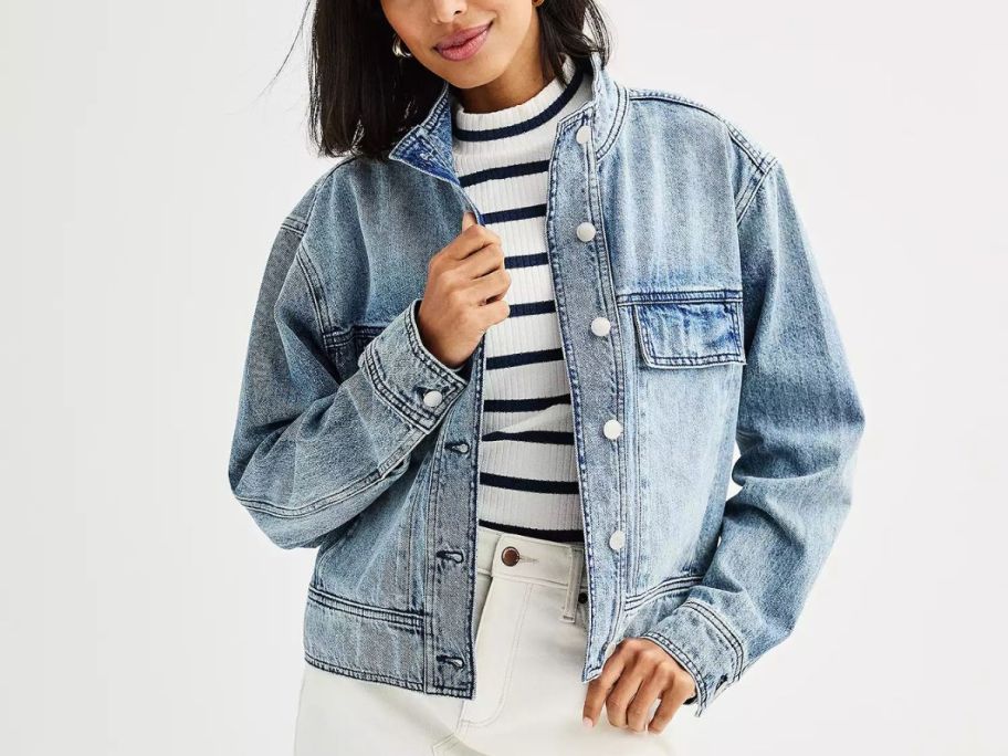 A woman wearing a Sonoma Goods For Life Women's Utility Denim Jacket