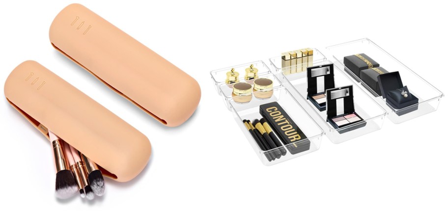 Sorbus Waterproof Silicone Travel Cosmetic Makeup Brush Holder 2-Pack and Sorbus 6-Piece Makeup Storage Bins and Drawer Organizer