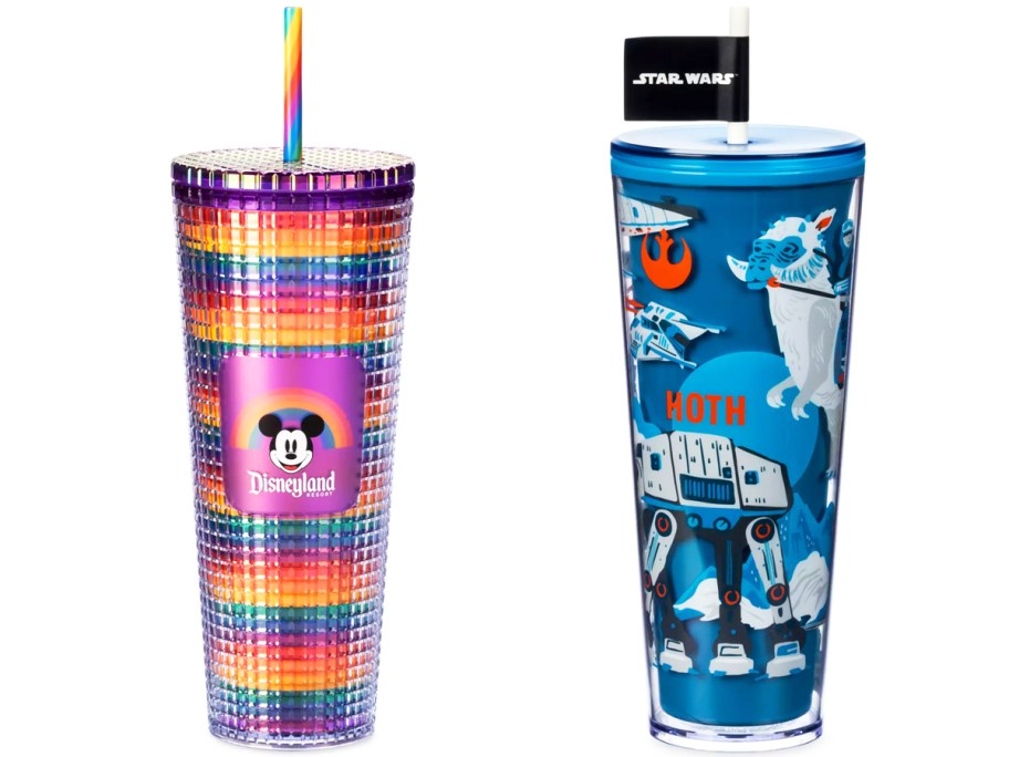 rainbow studded and blue star wars themed starbucks tumblers