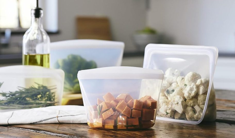 clear stasher bags on wood counter