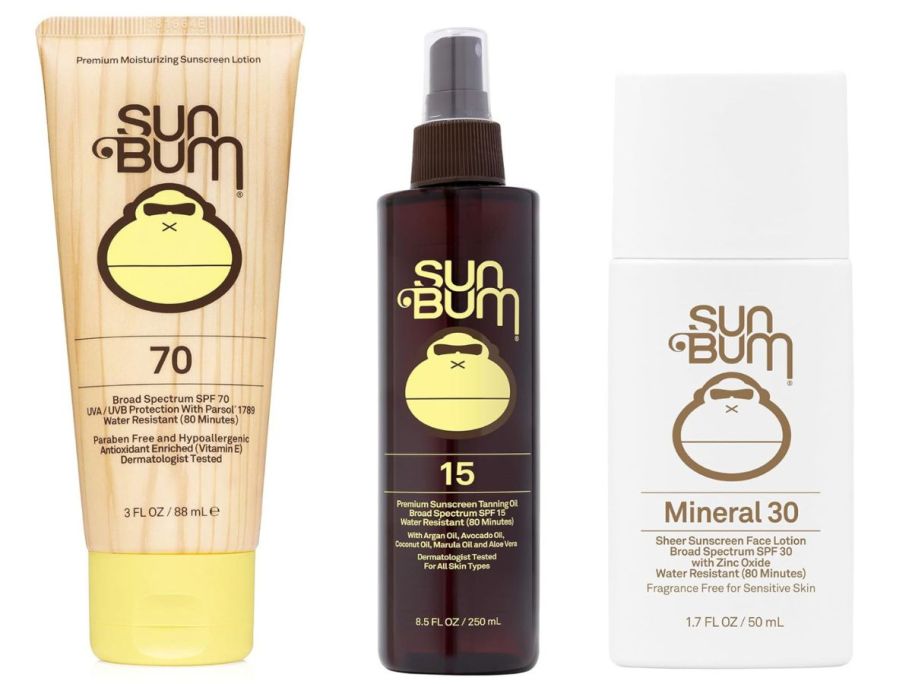Stock images of sun bum sunscreen lotion, tanning oil and mineral face sunscreen