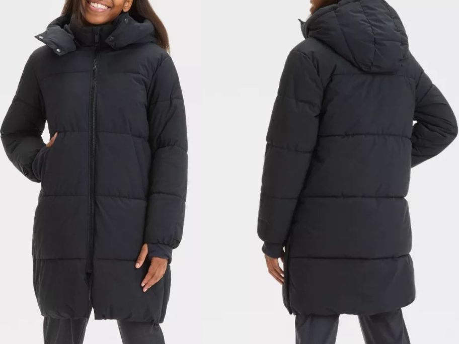 Stock image of a girl wearing an all in motion long puffer jacket