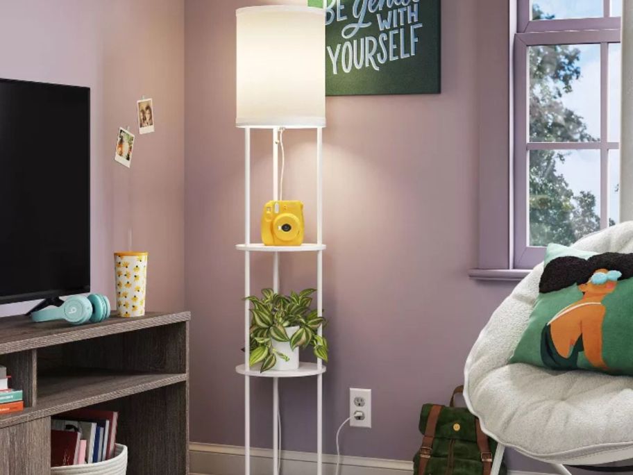 Target Lamp with Shelves with a Instax camera on one shelf and a plant on another