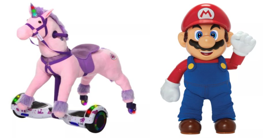 unicorn ride on toy and mario action figure