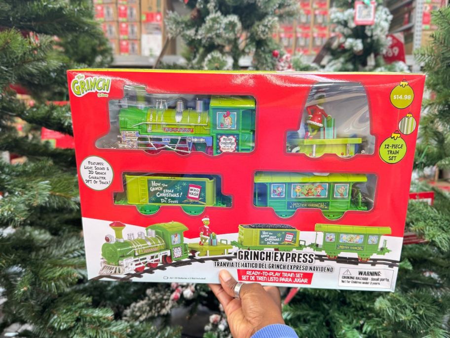 A person holding up a box containing a Grinch Express Train Set