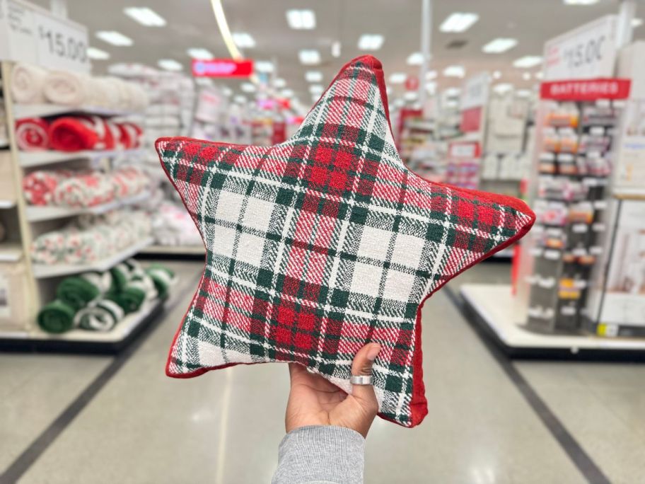 plaid star-shaped holiday throw pillow
