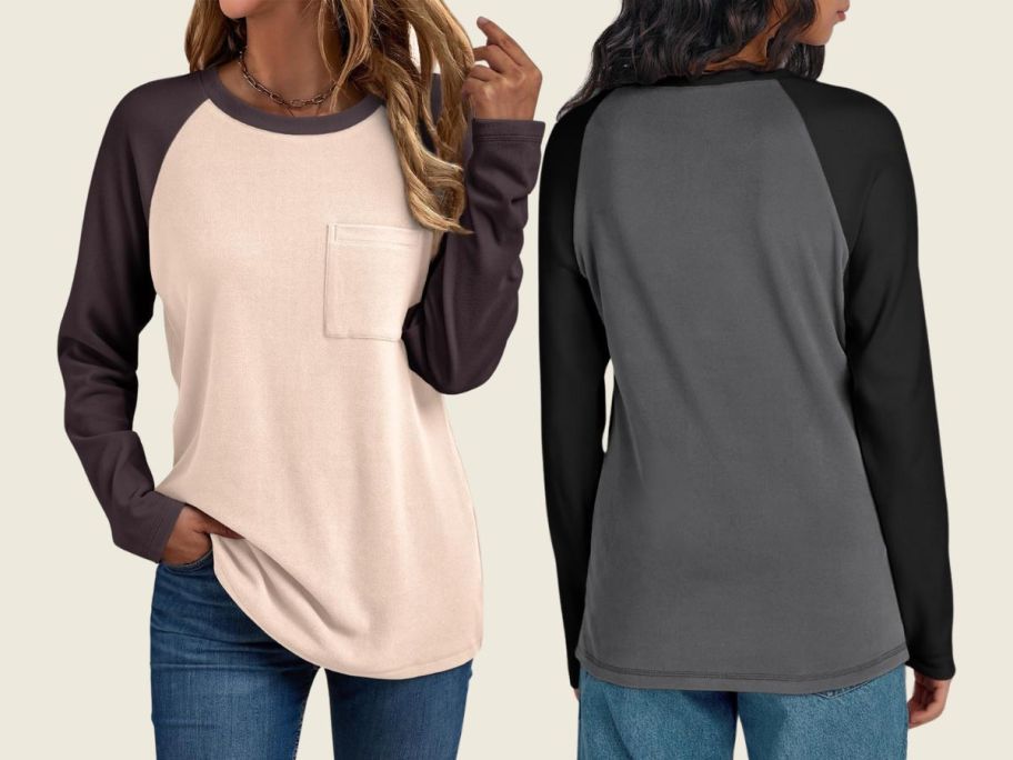 2 women wearing Trendy Queen Women's Crew Neck Long Sleeve Colorblock Shirts