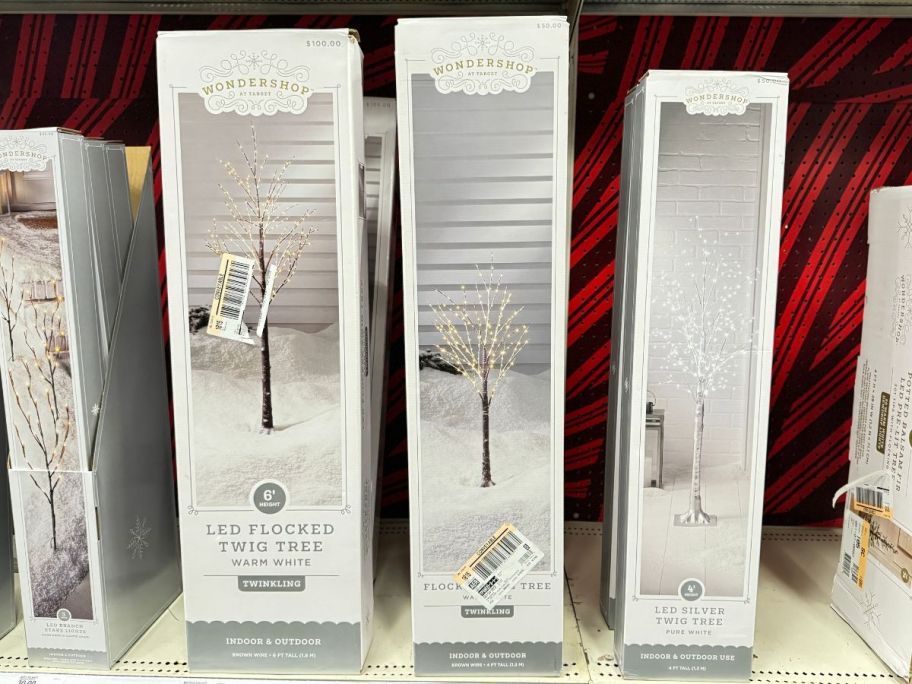 twig trees in boxes on a store shelf