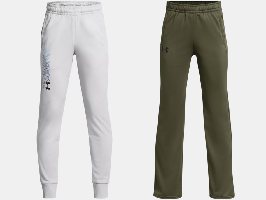 light grey joggers and olive green sweatpants