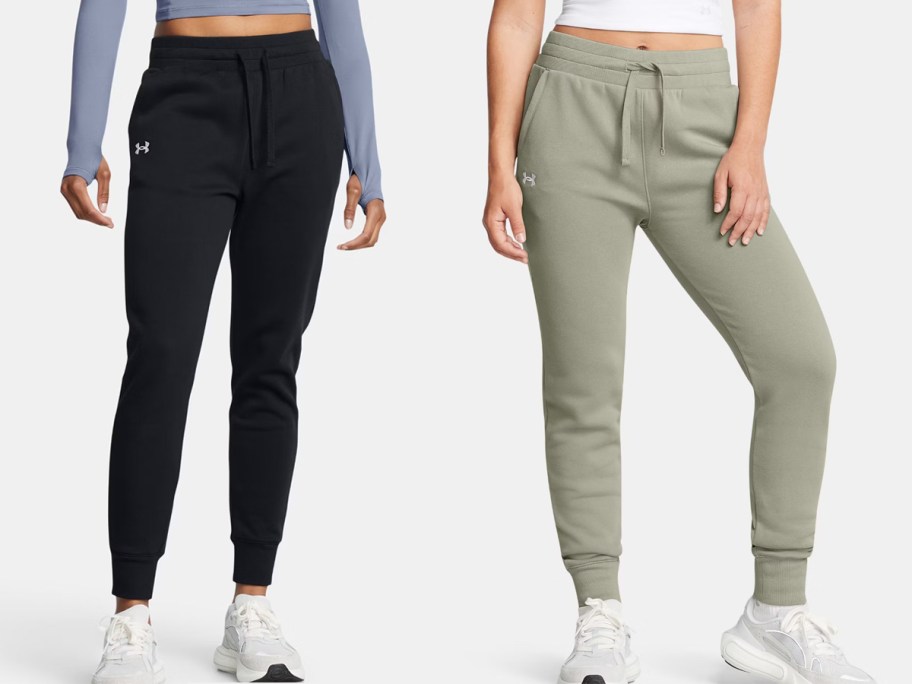 two women in black and light green joggers