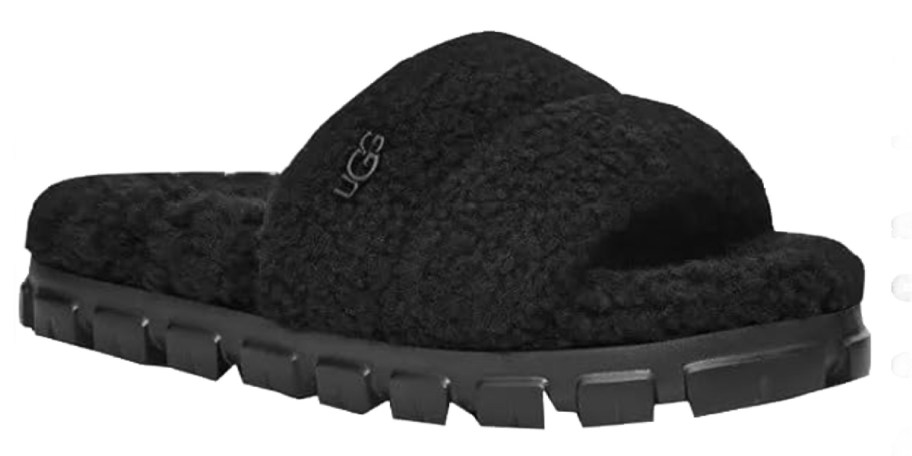 black fluffy slide slippers