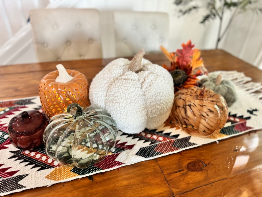 Favorite Walmart Fall finds displayed as a fall centerpiece on a dining table