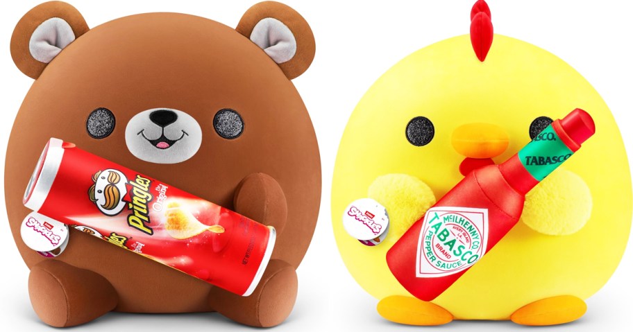 bear plush holding pringles and chicken holding tabasco bottle