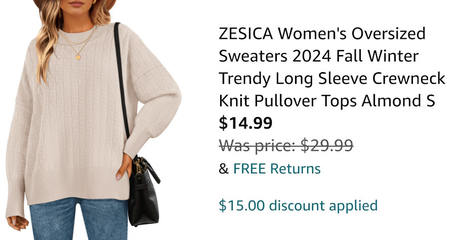 woman wearing beige sweater next to Amazon pricing information