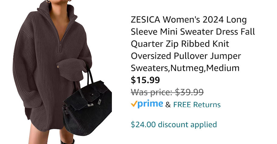 woman wearing brown sweater dress next to Amazon pricing information