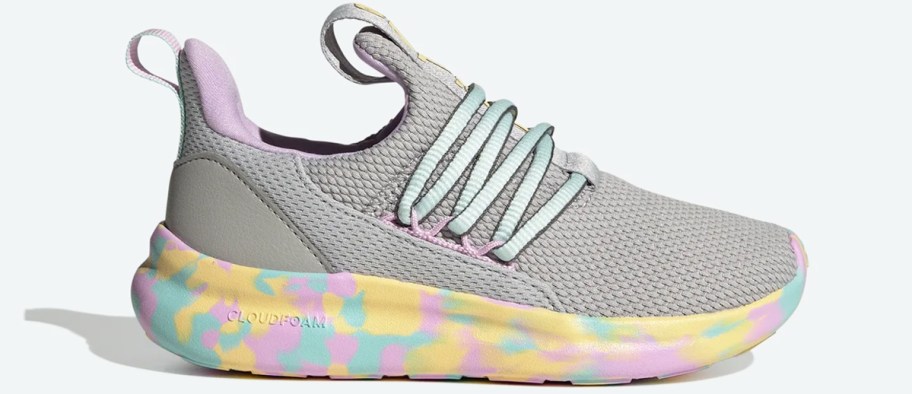 grey sneaker with multicolored sole