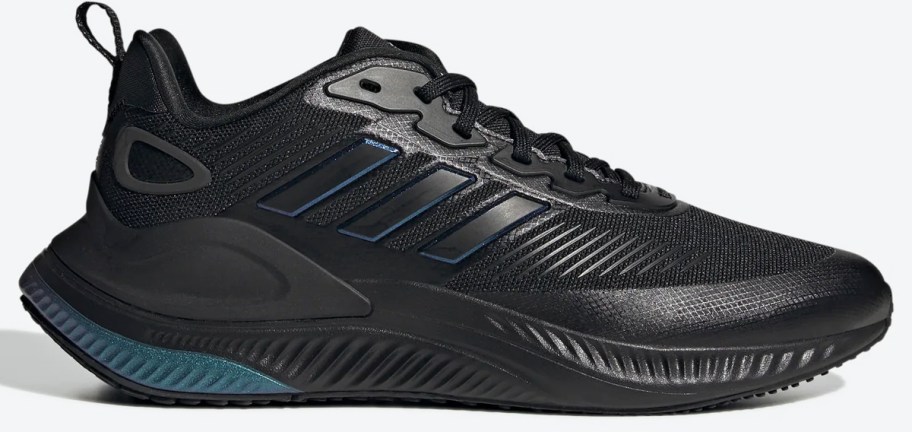 black adidas shoe with blue accents