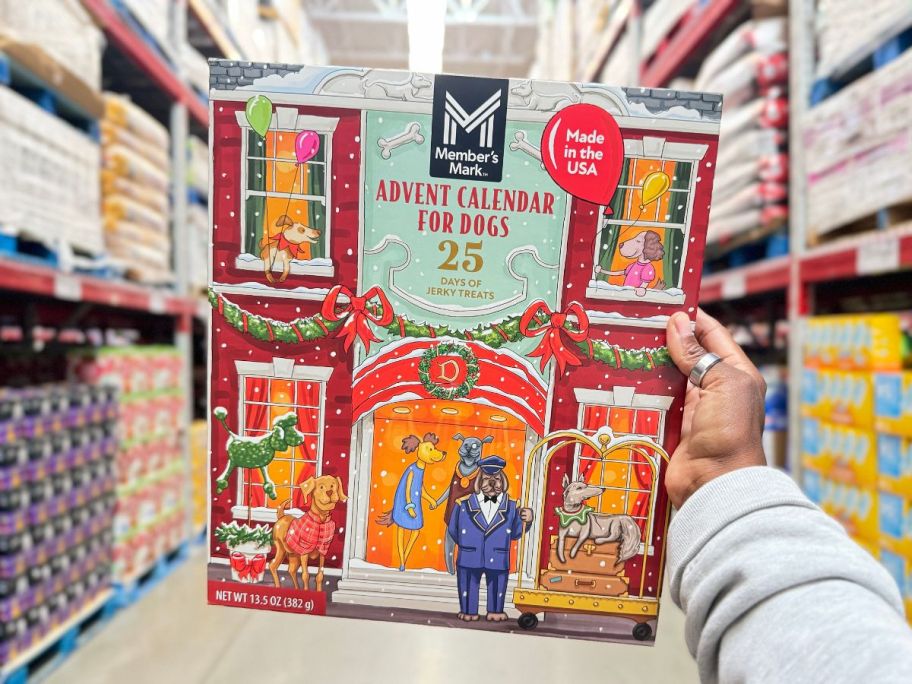 a womans hand holding a holiday dog treat advent calendar
