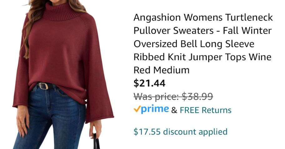 woman wearing burgundy sweater next to Amazon pricing information