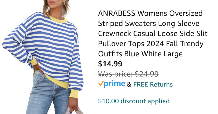 woman wearing striped sweater next to Amazon pricing information