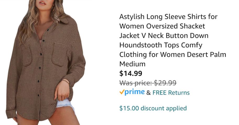 woman wearing brown shacket next to Amazon pricing information