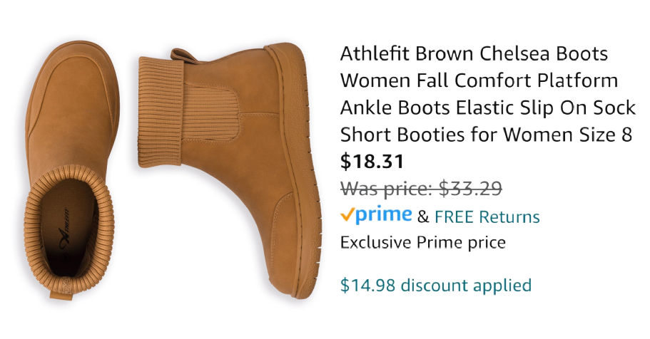 tan boots next to Amazon pricing information