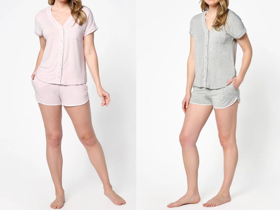 two women wearing Barefoot Dreams Malibu Collection Soft Jersey Piped Lounge Sets in pink and grey