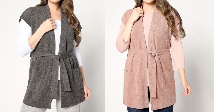 two women wearing Barefoot Dreams CozyChic Ultra Lite Waist Tie Vests in grey and pink