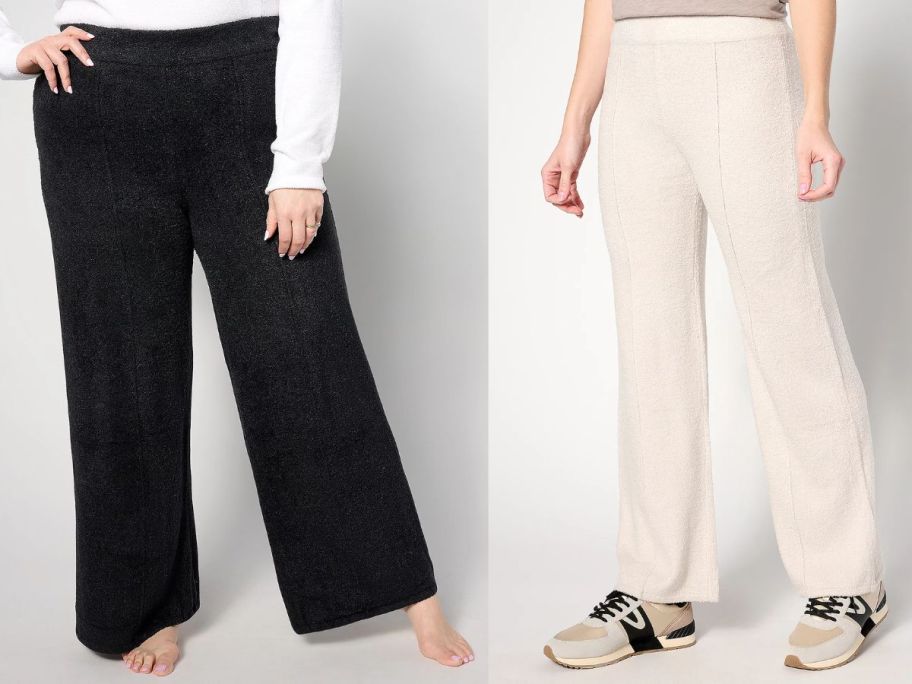 two women wearing Barefoot Dreams Tall CozyChic Lite Wide-Leg Seamed Pants in black and cream