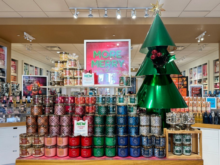 bbw holiday candles on display in store 